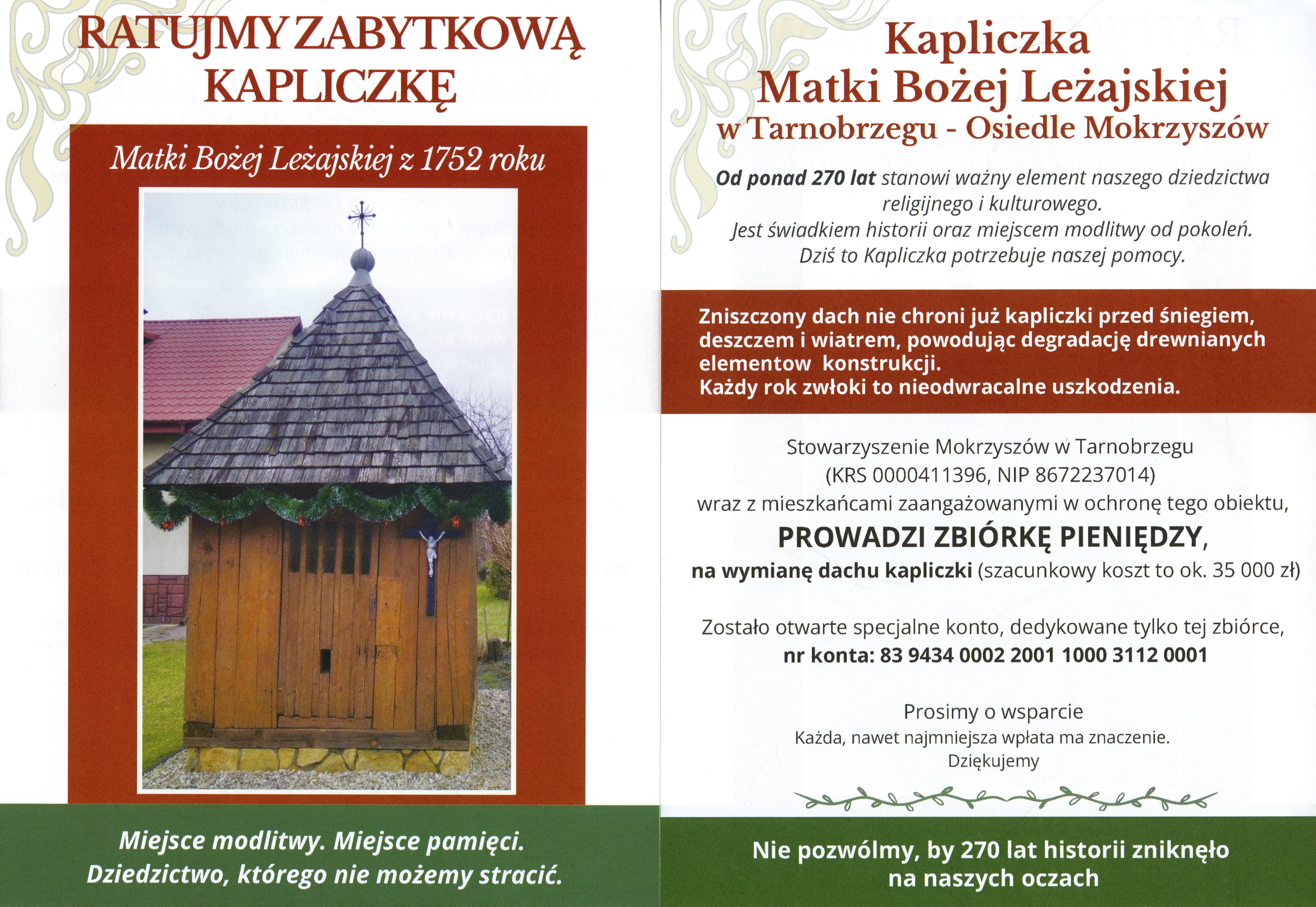 Stowarzyszenie Mokrzyszów zbiera środki na wymianę dachu zabytkowej kapliczki